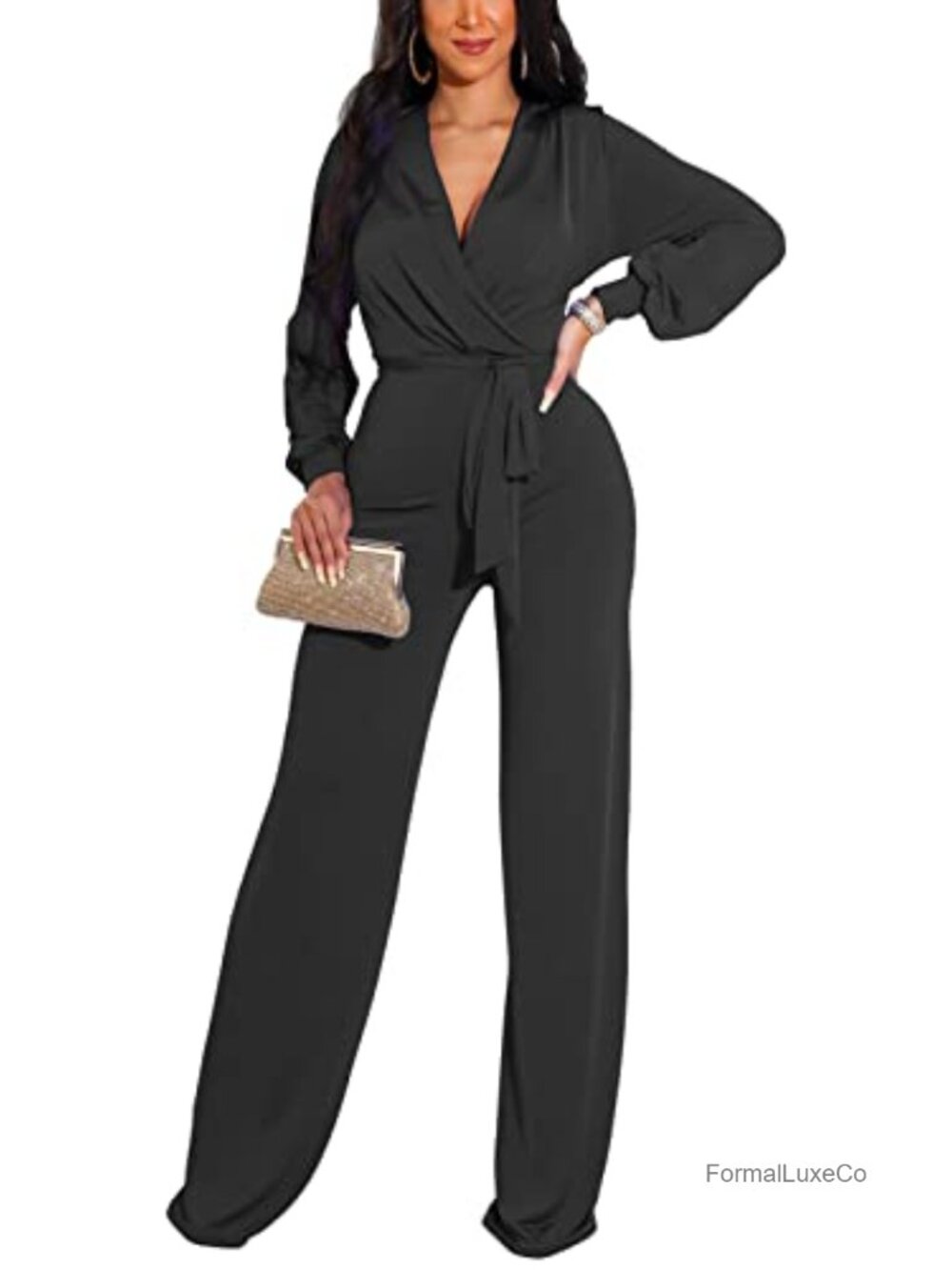 Formal Wide Leg Jumpsuit Deep V Neck Long Sleeve Dressy Evening Romper